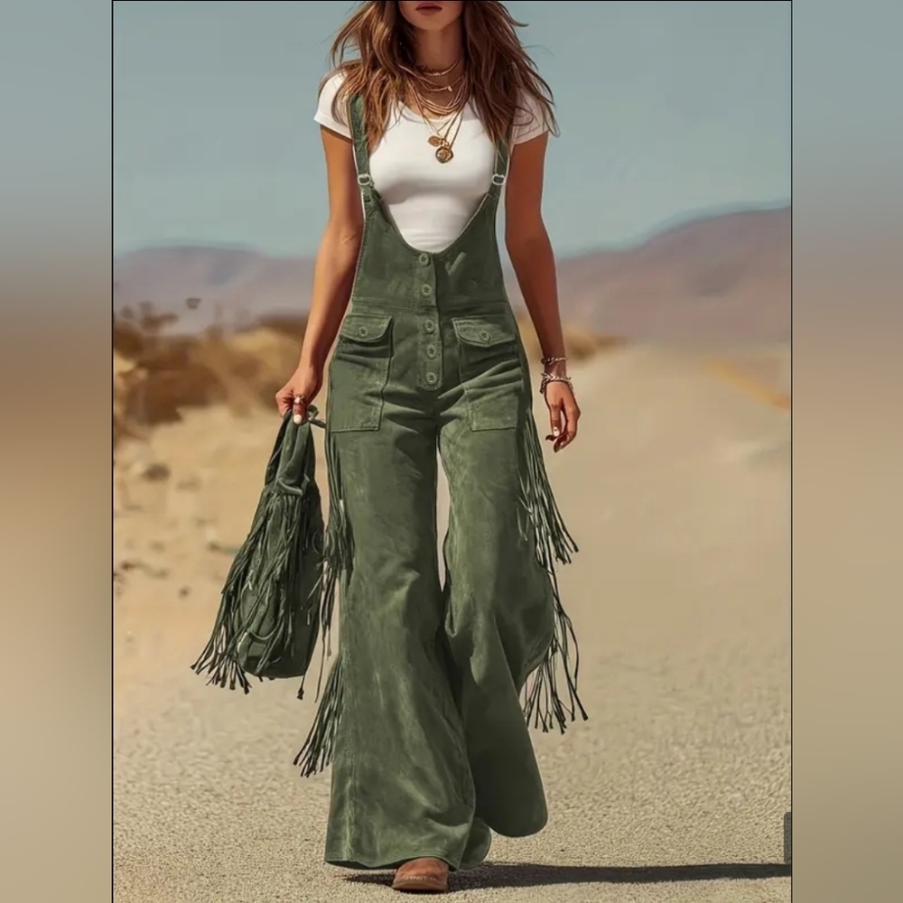 Overall Wide-Leg Retro Faux  Wit Side Fringe. Jumpsuit Size Large